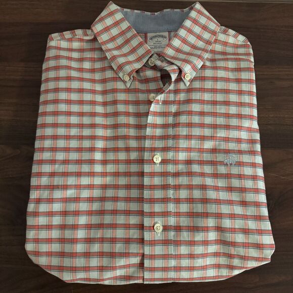 Mens Brooks Brothers Regent Fit L Long Sleeve Orange/Salmon Plaid Button Down - Picture 2 of 4